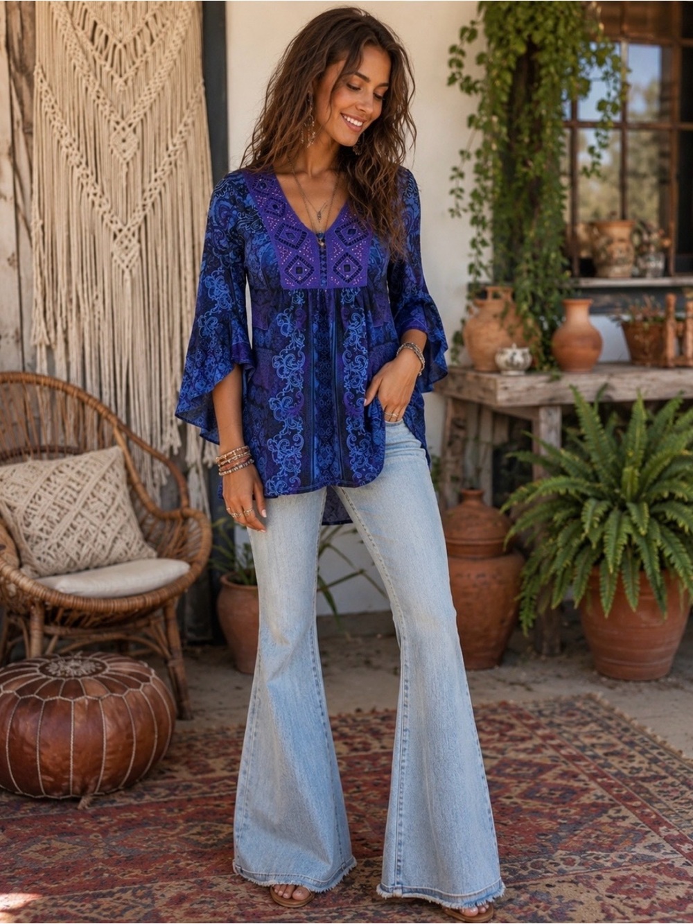 One World Designs purple print Boho top with gem accents